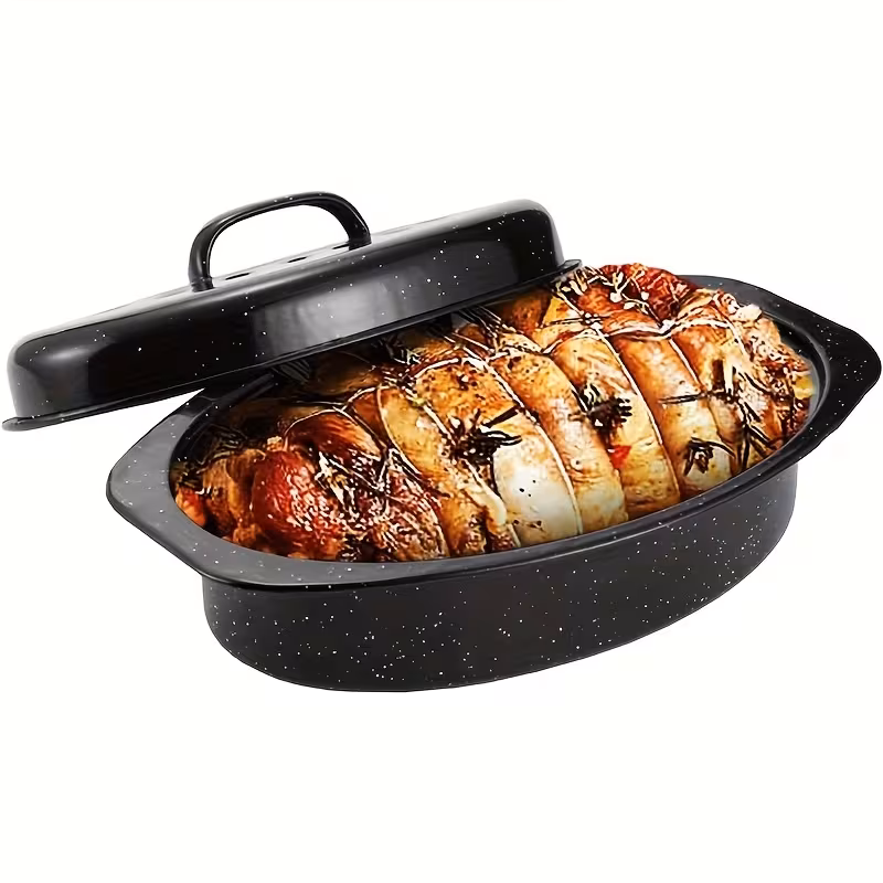 Enamel Oval Baking Dish with Lid for Oven Cooking and Roasting – description image 2