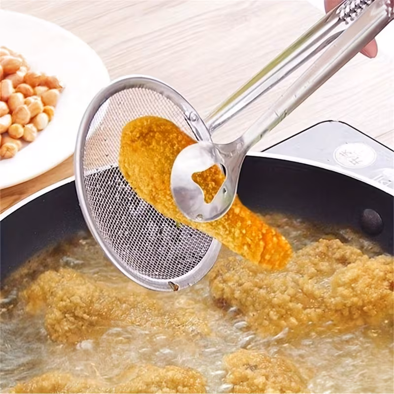 Kitchen Clip with Integrated Strainer for Draining Grease During Cooking and Frying – description image 1