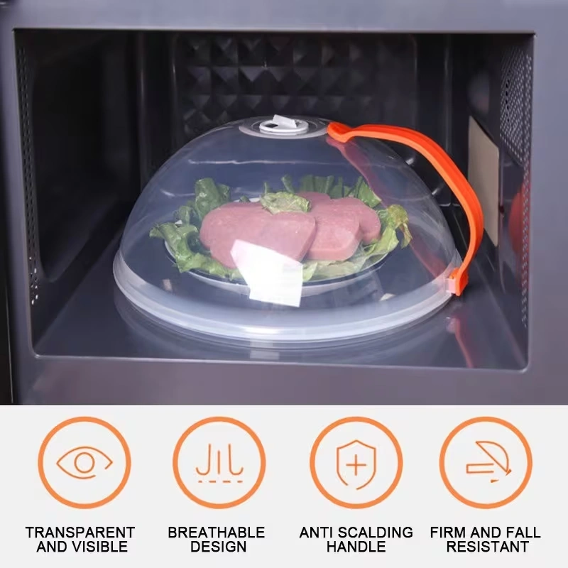 Clear Splash Food Cover for Microwave Heating with Steam Vent and Grip Handle – description image 1