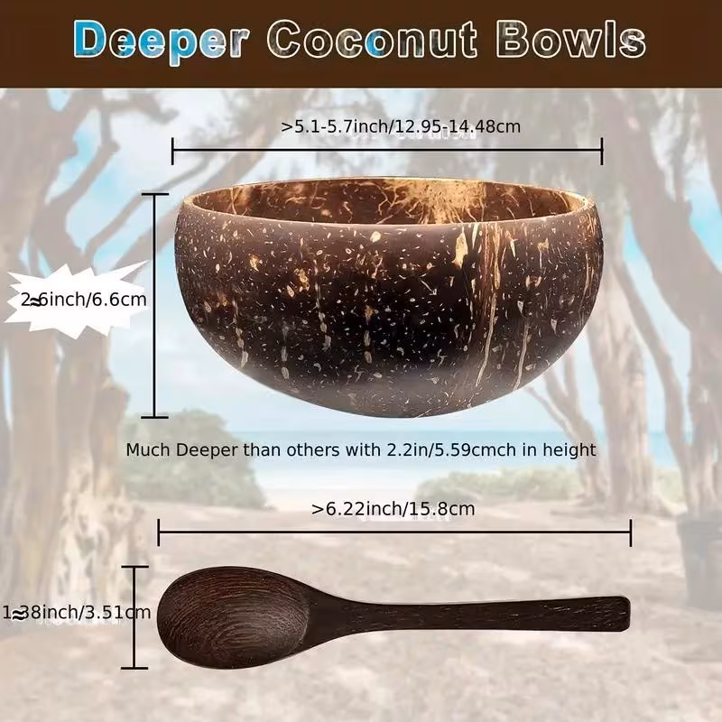 Coconut Shell Bowl Set with Spoon for Serving Yogurt, Salad, and Desserts – description image 6