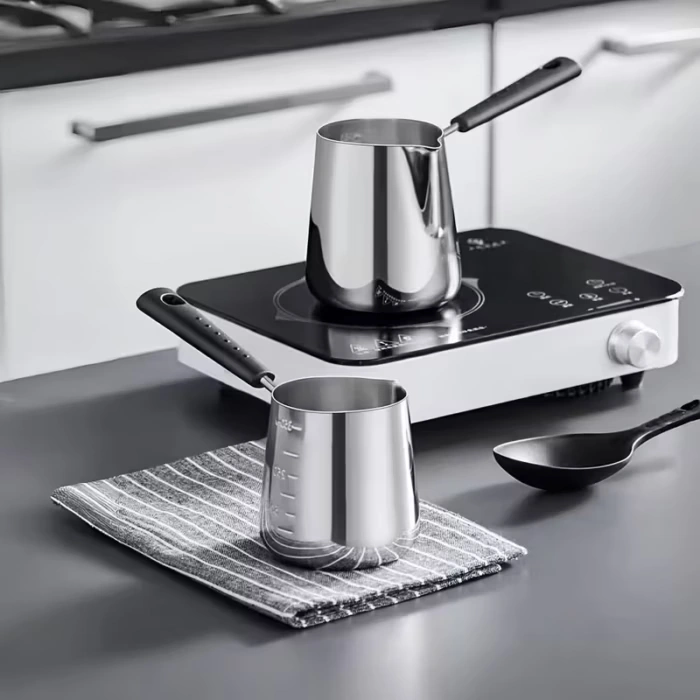 Mini Stainless Steel Milk Pot with Long Handle and Pour Spout for Heating Milk, Butter, Coffee and Sauces – description image 2
