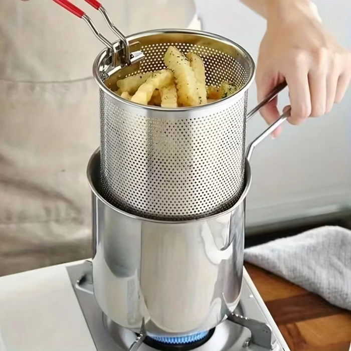 Stainless Steel Small Deep Fryer Pot with Basket for Tempura, French Fries and Chicken Wings – description image 2