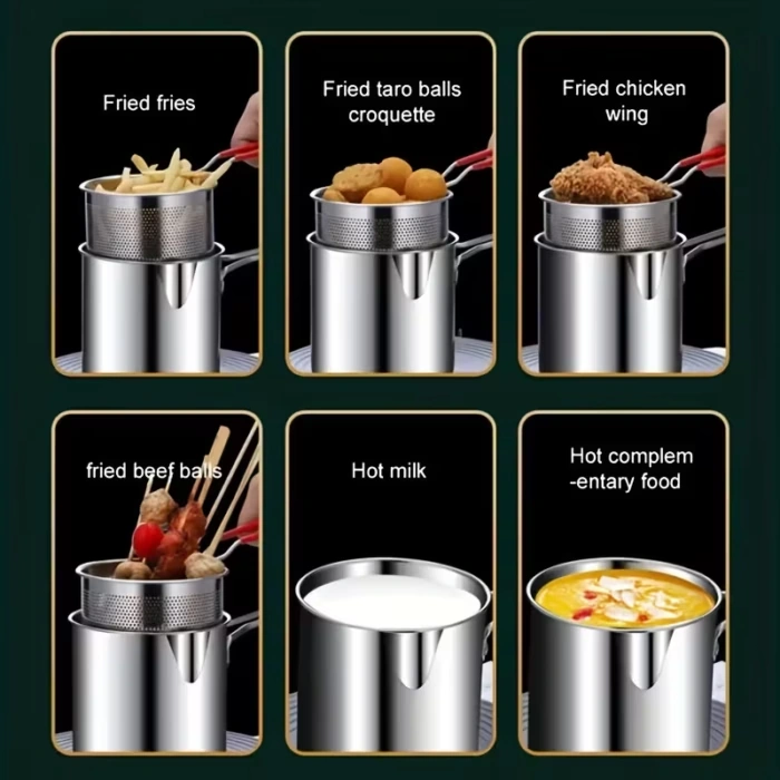 Stainless Steel Small Deep Fryer Pot with Basket for Tempura, French Fries and Chicken Wings – description image 3