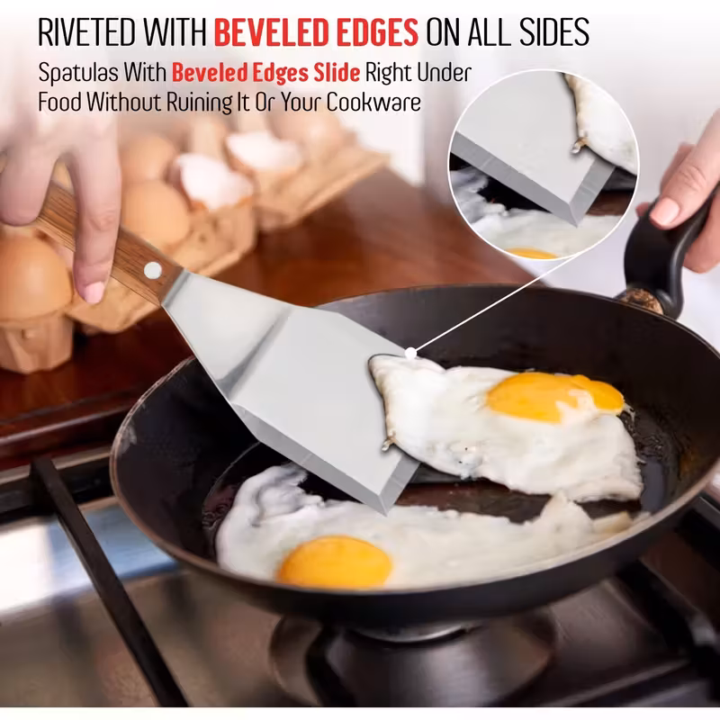 Stainless Steel Spatula for Turning and Lifting Foods with Beveled Edge and Hardwood Handle – description image 4