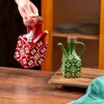 Ceramic Oil and Vinegar Bottle for Dispensing & Serving with Wood Lid and Square Bottle Shape – gallery image 4