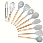 10-Piece Silicone Cooking Utensil Set for Cooking & Serving with Wooden Handles – gallery image 12