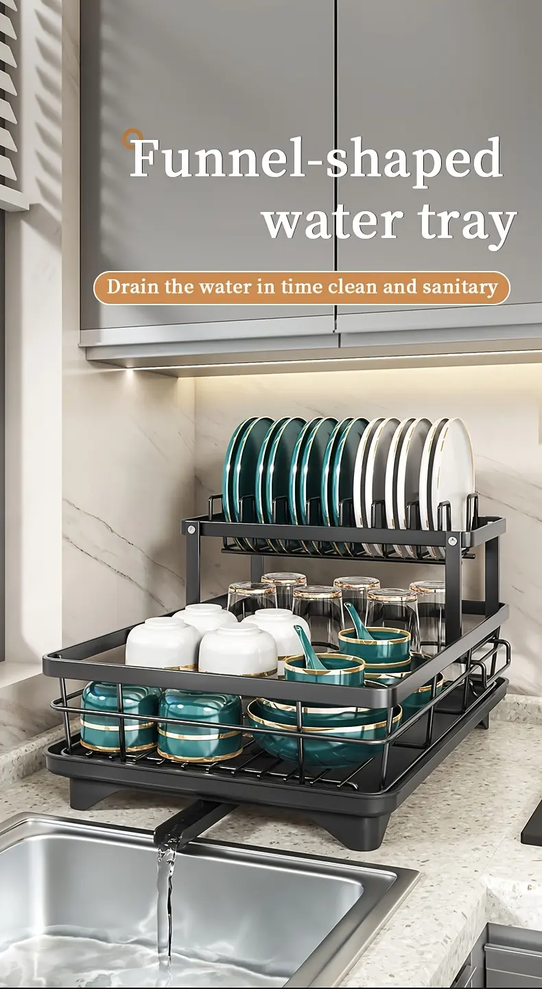 Double-Layer Carbon Steel Dish Rack for Drying Dishes & Organizing Countertop Items – description image 9