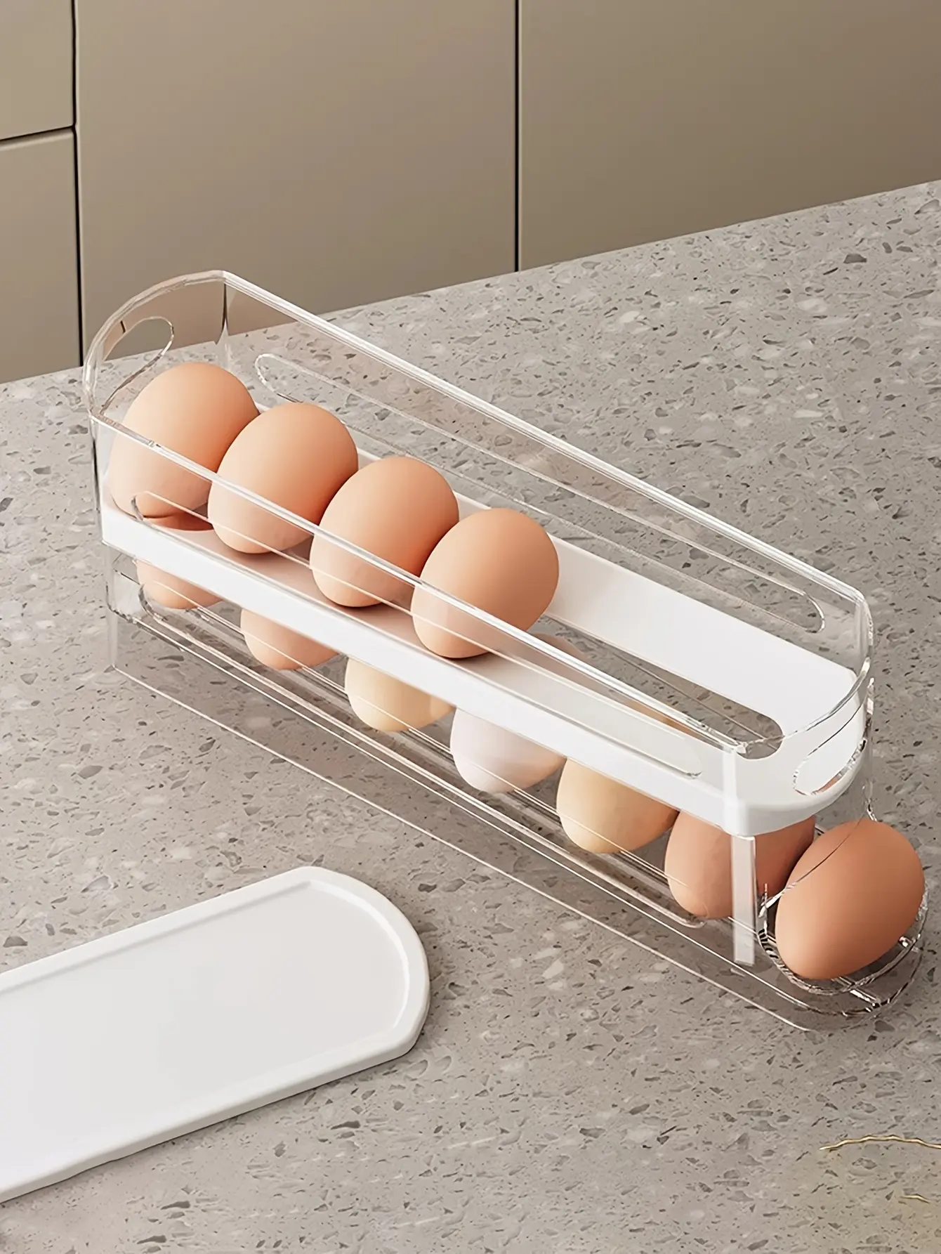 Automatic Egg Storage Box for Organizing & Dispensing Eggs with Double-Layer Sliding Design – description image 5