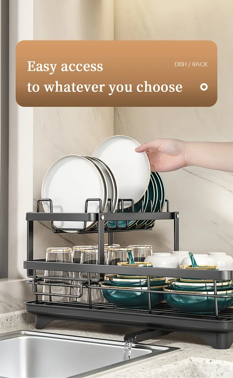 Double-Layer Carbon Steel Dish Rack for Drying Dishes & Organizing Countertop Items – description image 6