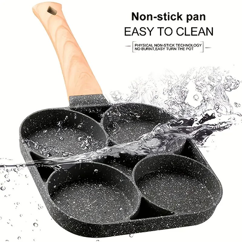 Non-Stick 4-Hole Frying Pan with Lid for Cooking Eggs and Small Portions, Wooden Handle – description image 4