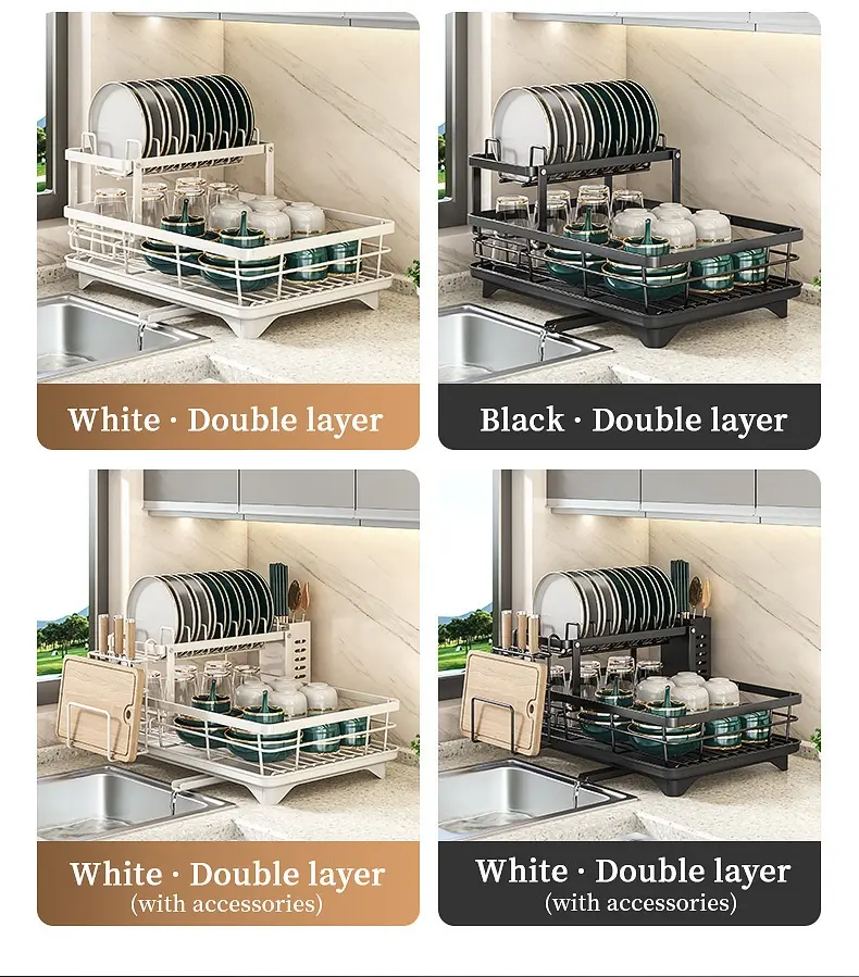 Double-Layer Carbon Steel Dish Rack for Drying Dishes & Organizing Countertop Items – description image 4
