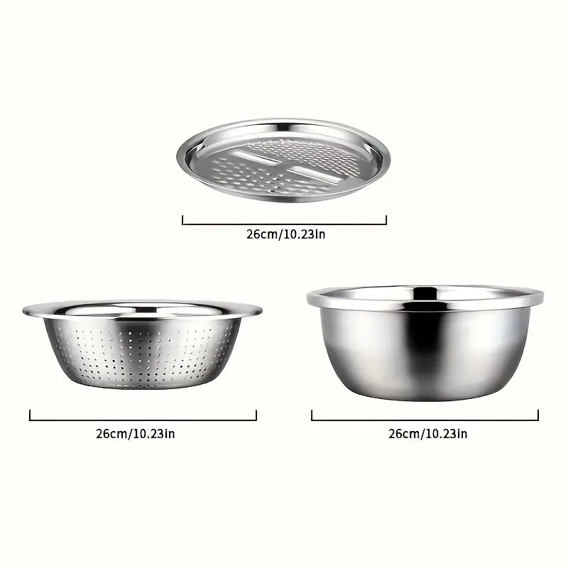 3-Piece Stainless Steel Prep Bowl System for Rinsing, Straining and Grating – description image 1