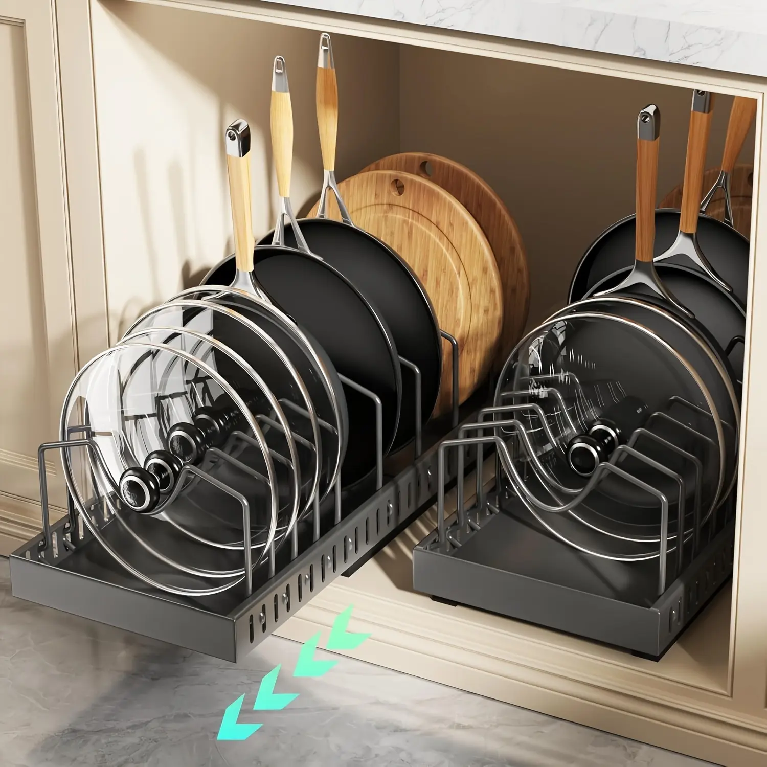 Pull-Out Pot and Pan Storage Organizer for Cabinet Storage and Organization, Adjustable Divider Design – description image 1