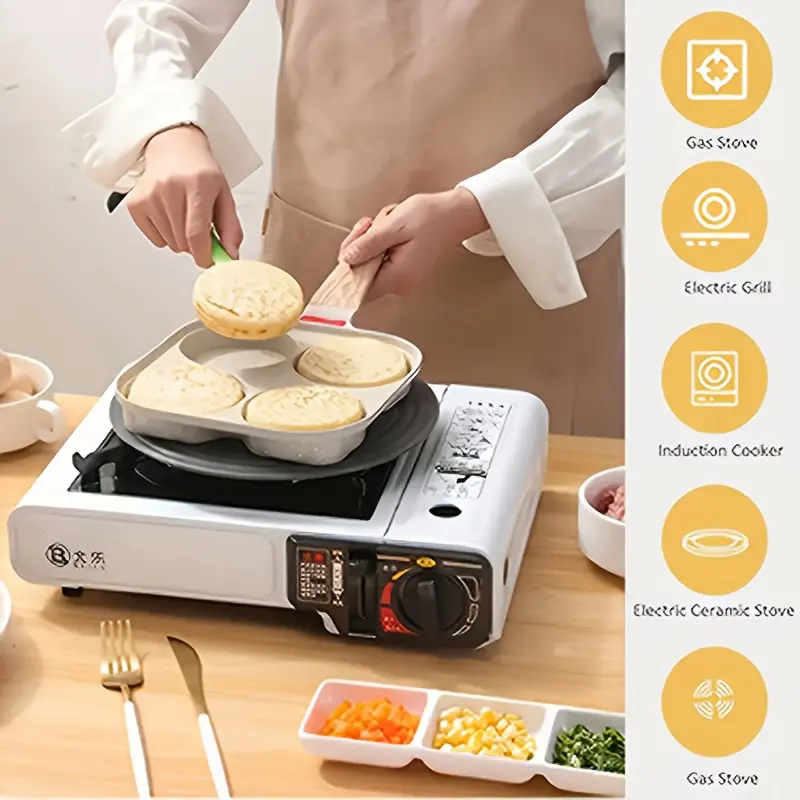 Non-Stick 4-Hole Frying Pan with Lid for Cooking Eggs and Small Portions, Wooden Handle – description image 2