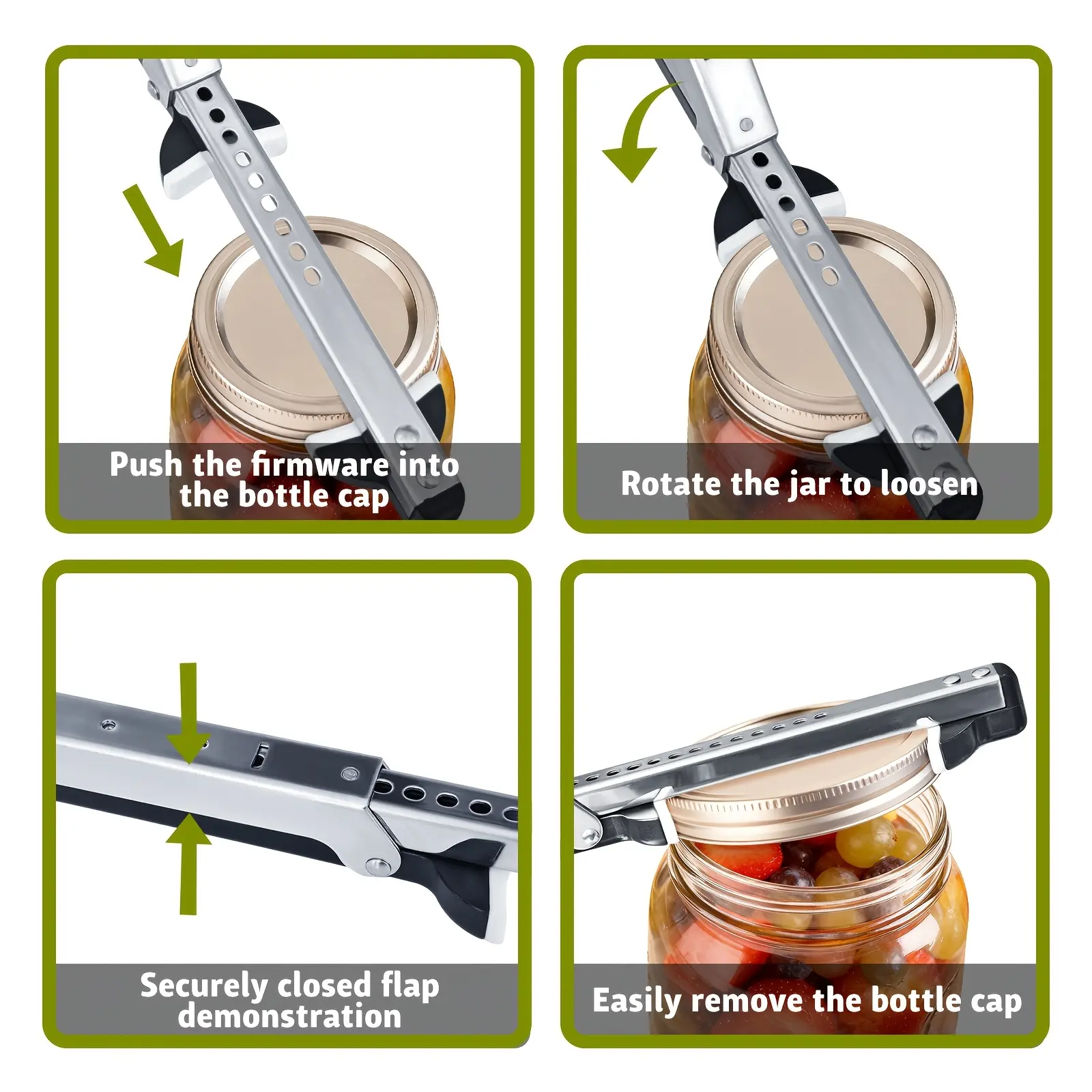 Adjustable Jar, Bottle and Can Opener for Twisting and Lifting, Stainless Steel with Soft Rubber Grip – description image 1