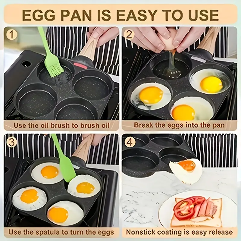 Non-Stick 4-Hole Frying Pan with Lid for Cooking Eggs and Small Portions, Wooden Handle – description image 1