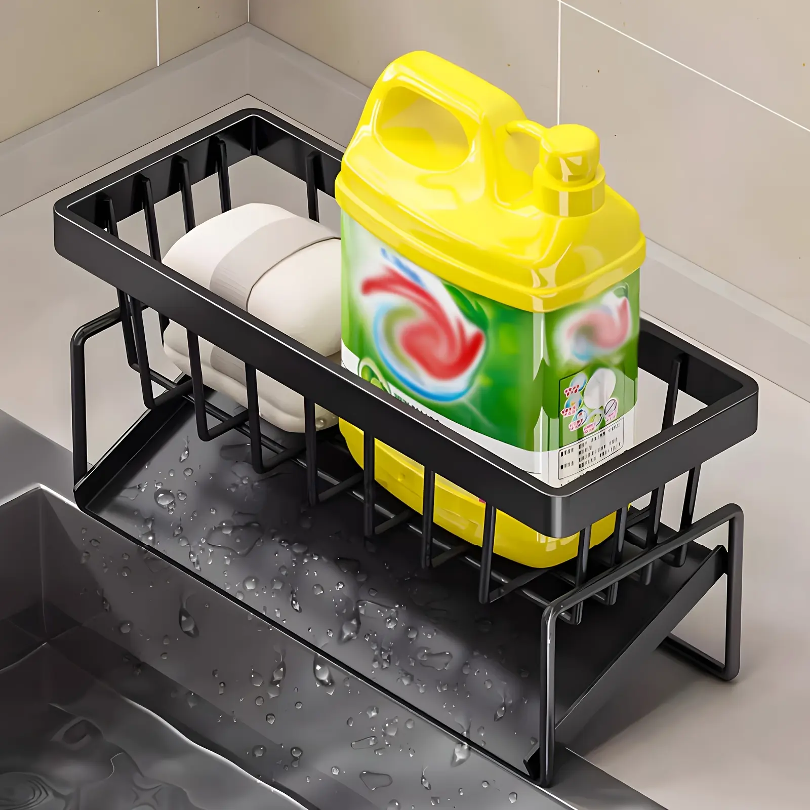 Kitchen Sink Organizer for Holding Sponges & Dish Soap, Metal Caddy with Self-Draining Tray – description image 1
