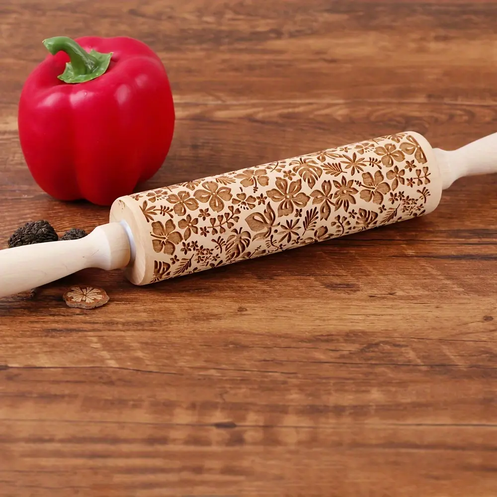 Wooden Embossing Rolling Pin for Rolling & Texturing Dough, Floral Pattern – description image 1