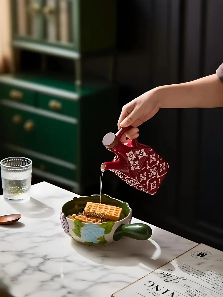 Ceramic Oil and Vinegar Bottle for Dispensing & Serving with Wood Lid and Square Bottle Shape – description image 2