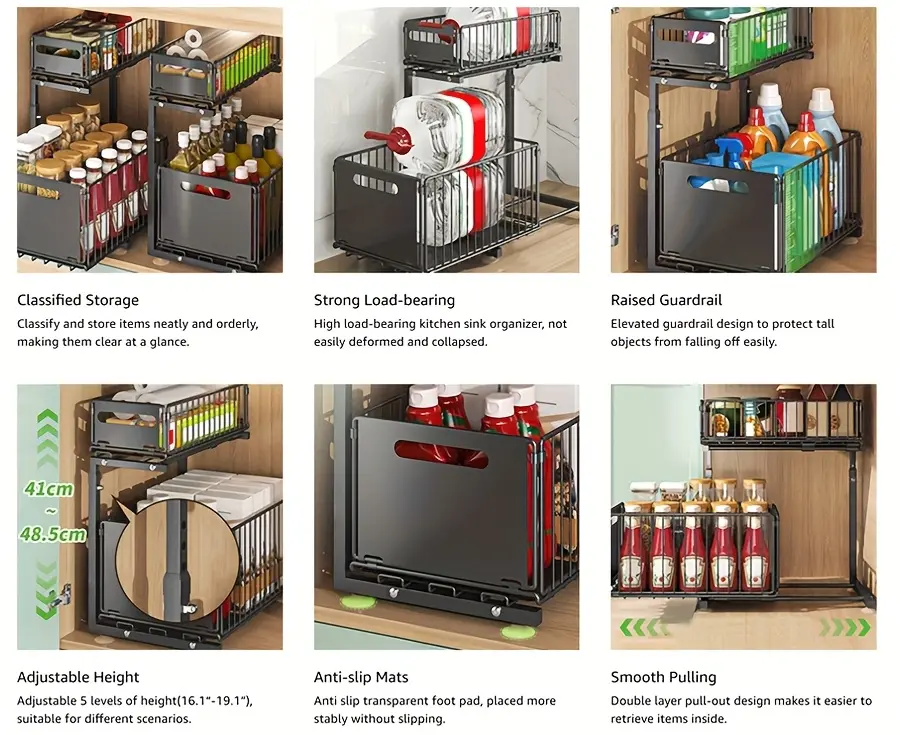 Under-Sink Sliding Organizer for Cabinet Storage & Access, Two-Tier Design – description image 4