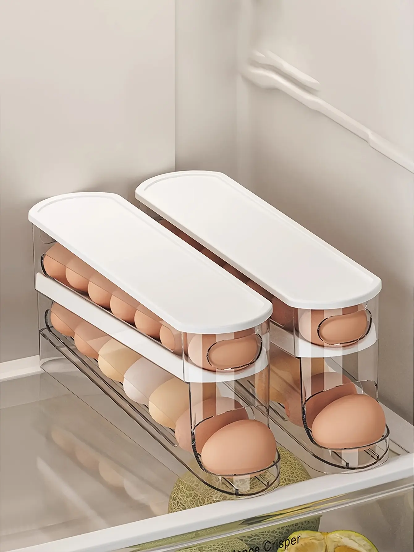 Automatic Egg Storage Box for Organizing & Dispensing Eggs with Double-Layer Sliding Design – description image 1