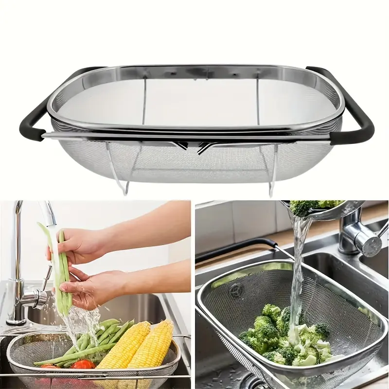 Expandable Stainless Steel Fine Mesh Filter for Rinsing & Draining Produce – description image 1