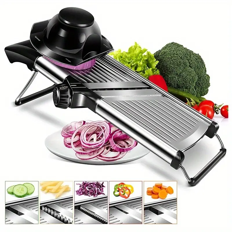Stainless Steel Mandoline Slicer for Slicing & Grating with Adjustable Thickness and 5 Interchangeable Blades – description image 1