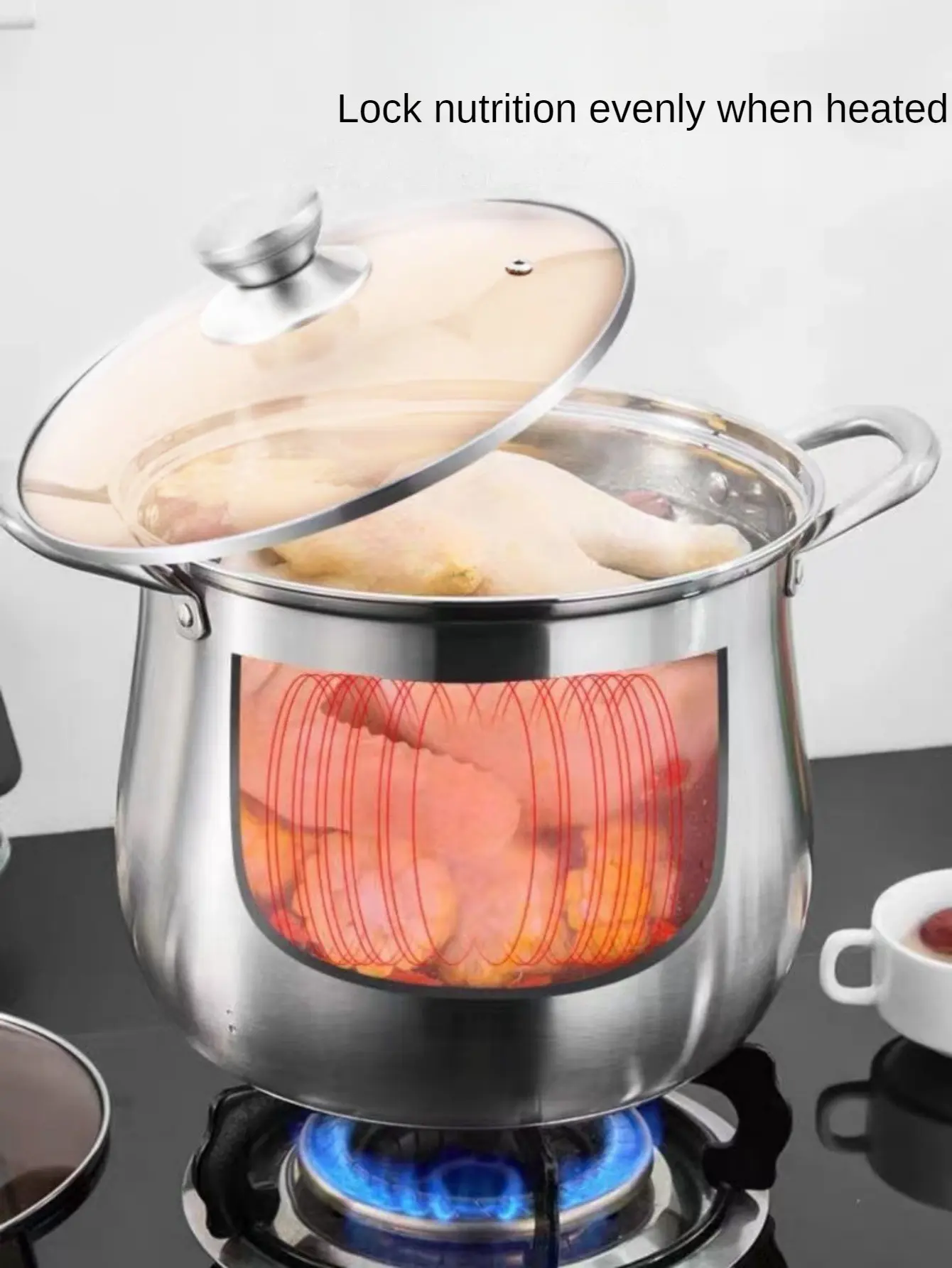 Large-Capacity Stainless Steel Pot for Making Soup, Porridge and Steaming, Induction and Gas Compatible – description image 4