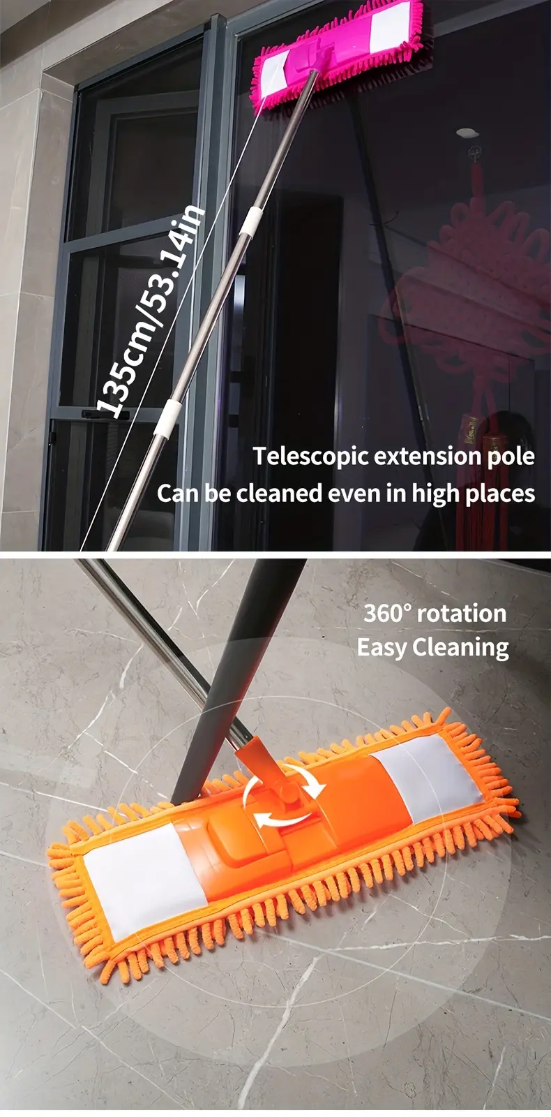 Rotatable Flat Mop for Wet and Dry Cleaning with Chenille Mop Head – description image 2